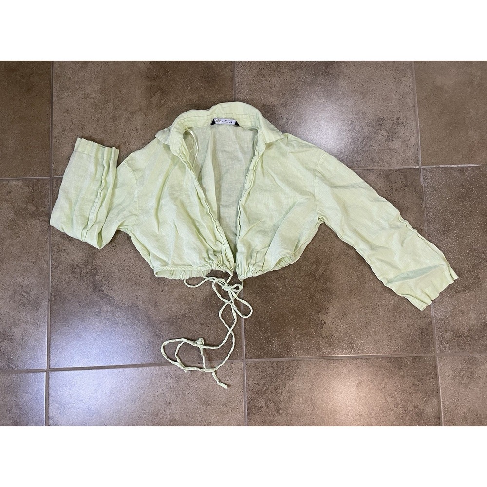 Zara Top Long Sleeve Open Tie Front Sz M Lime Green Cropped Shirt 100% Linen